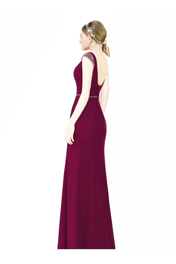 Soft Chiffon Boat Neck Sleeveless Low Back Burgundy Long Bridesmaid Dress Essex