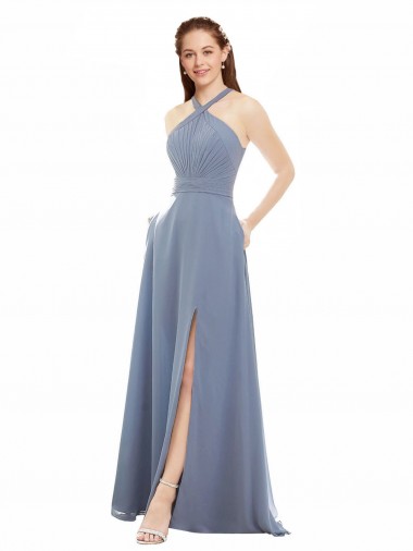 Soft Chiffon Halter Neck Sleeveless Long Evening Dress / Bridal Party Dress Essex