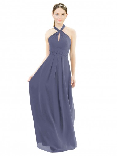 Soft Chiffon Halter Neck Sleeveless Low Back Silver Stone Long Bridesmaid Dress Essex