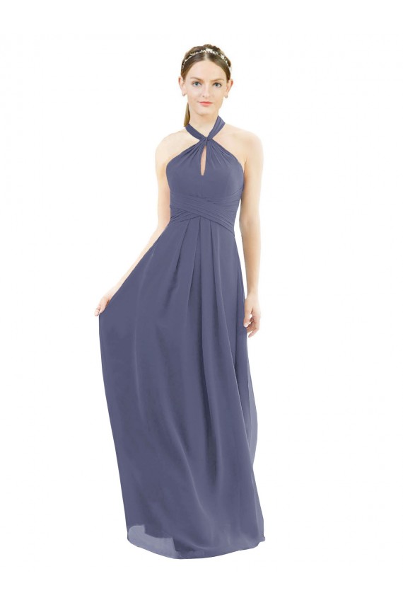 Soft Chiffon Halter Neck Sleeveless Low Back Silver Stone Long Bridesmaid Dress Essex
