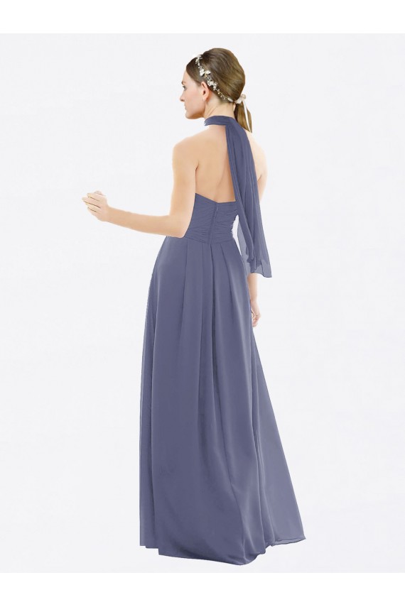 Soft Chiffon Halter Neck Sleeveless Low Back Silver Stone Long Bridesmaid Dress Essex