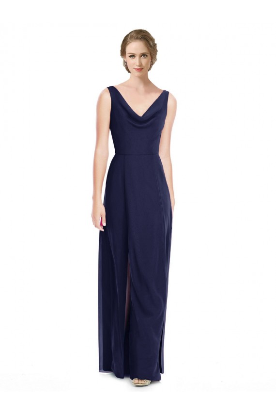 Soft Chiffon Cowl Neck Sleeveless V-Back Dark Navy Long Bridesmaid Dress Essex
