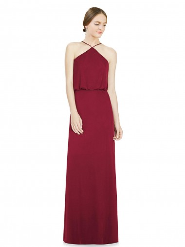 Soft Chiffon Halter Neck Sleeveless Open Back Burgundy Long Bridesmaid Dress Essex