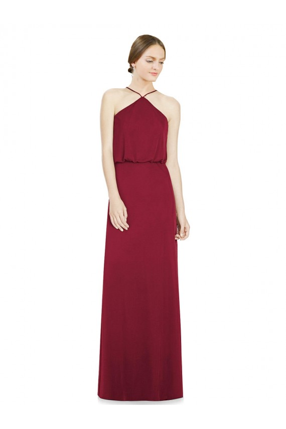 Soft Chiffon Halter Neck Sleeveless Open Back Burgundy Long Bridesmaid Dress Essex