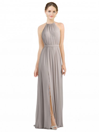 Soft Chiffon Halter Neck Sleeveless Low Back Oyster Silver Long Bridesmaid Dress Essex