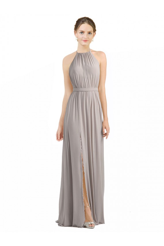 Soft Chiffon Halter Neck Sleeveless Low Back Oyster Silver Long Bridesmaid Dress Essex