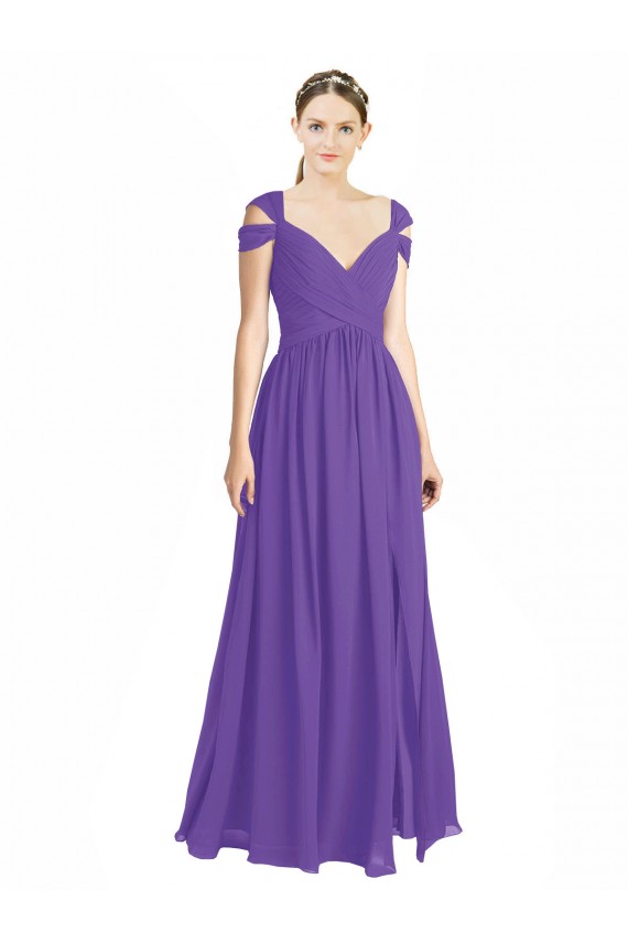 Soft Chiffon Off the Shoulder Cap Sleeves Low Back Long Bridesmaid Dress Essex
