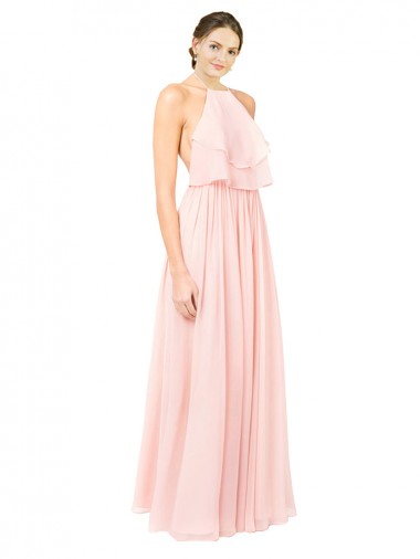 Soft Chiffon Halter Neck Sleeveless Open Back Pink Long Formal Dress / Bridesmaid Dress Essex