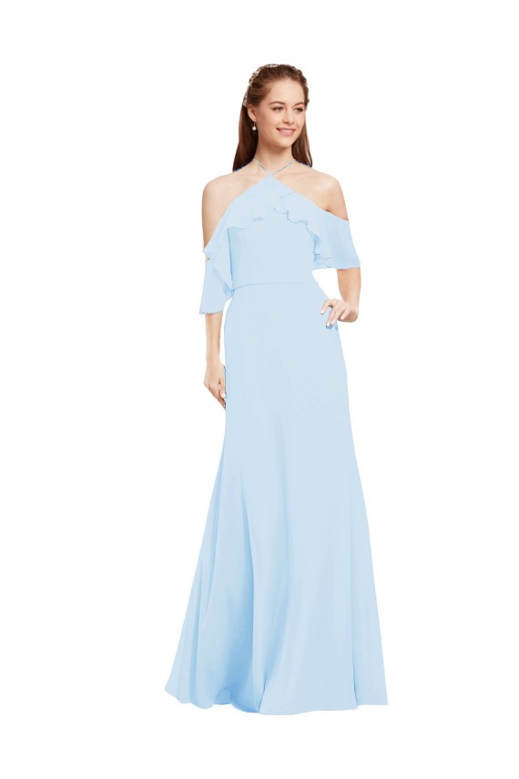 Soft Chiffon Halter Neck Cold Shoulder Long Formal Dress / Bridesmaid Dress Essex