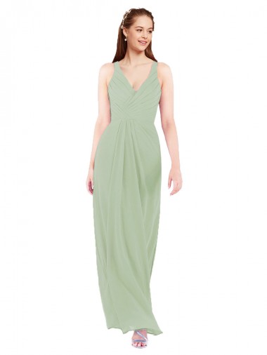Soft Chiffon V-Neck Sleeveless Keyhole Back Smoke Green Long Bridesmaid Dress Essex