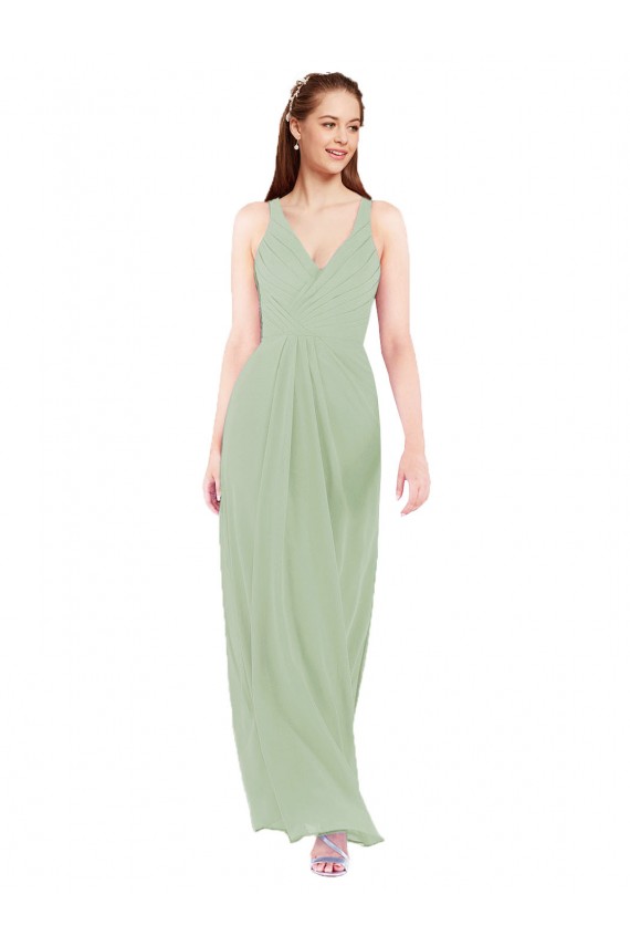 Soft Chiffon V-Neck Sleeveless Keyhole Back Smoke Green Long Bridesmaid Dress Essex