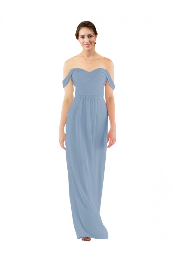 Soft Chiffon Off the Shoulder Sleeveless Dusty Blue Long Bridesmaid Dress Essex