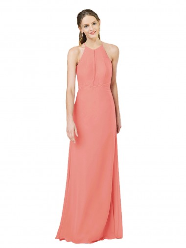 Soft Chiffon Halter Neck Sleeveless Keyhole Back Desert Rose Long Bridesmaid Dress Essex