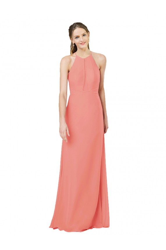Soft Chiffon Halter Neck Sleeveless Keyhole Back Desert Rose Long Bridesmaid Dress Essex