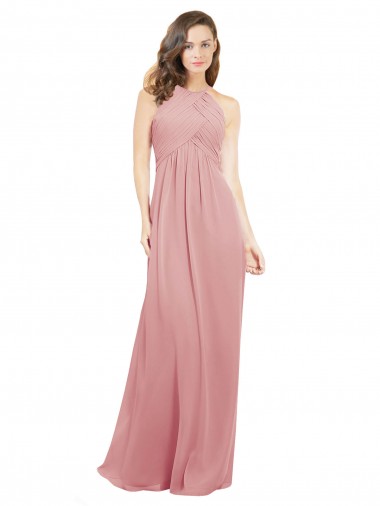 Soft Chiffon Halter Neck Sleeveless Keyhole Back Bliss Pink Long Bridesmaid Dress Essex