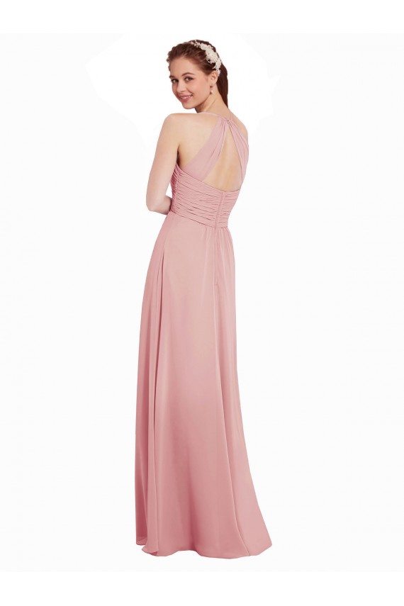 Soft Chiffon Halter Neck Sleeveless Keyhole Back Bliss Pink Long Bridesmaid Dress Essex