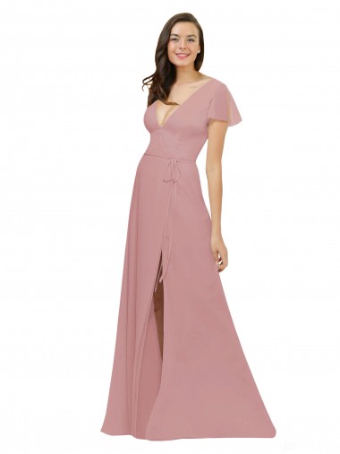 Chiffon V-Neck Flutter Sleeves V-Back Long Bridesmaid Dress / Evening Dress Essex