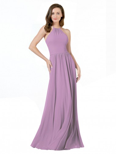Soft Chiffon Halter Neck Sleeveless Dark Lavender Long Bridesmaid Dress Essex