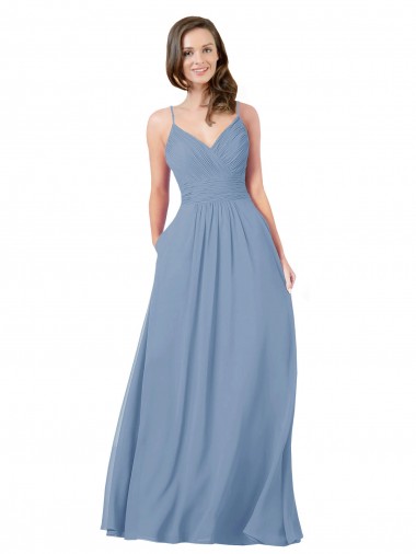 Chiffon V-Neck Sleeveless Open Back Dusty Blue Long Bridesmaid Dress / Evening Dress Essex