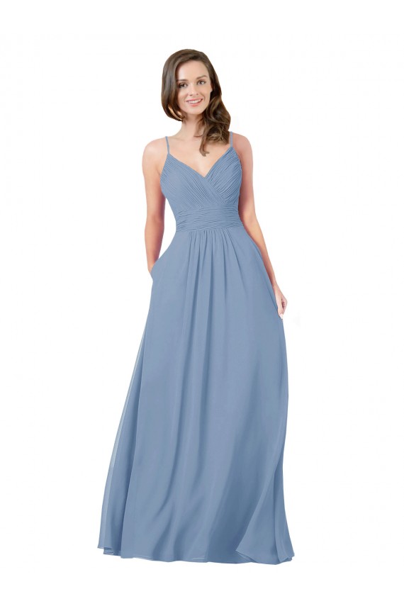 Chiffon V-Neck Sleeveless Open Back Dusty Blue Long Bridesmaid Dress / Evening Dress Essex