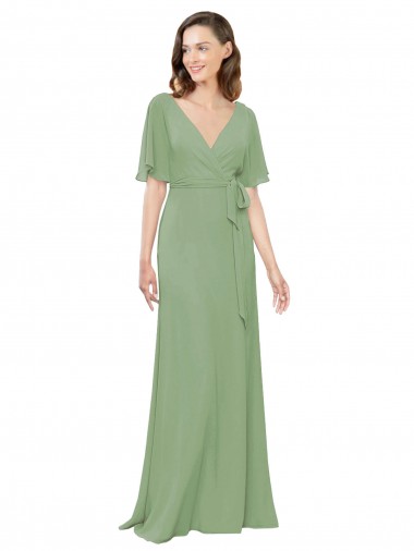 Soft Chiffon V-Neck Short Flutter Sleeves Long Bridesmaid Dress Essex