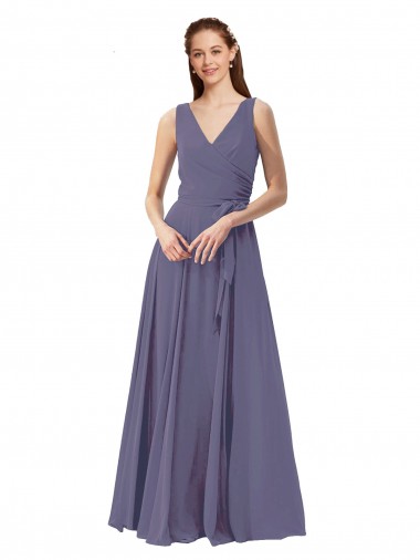Soft Chiffon V-Neck Sleeveless Silver Stone Long Bridesmaid Dress Essex
