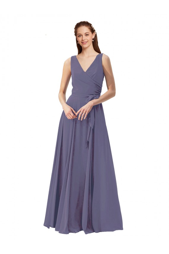 Soft Chiffon V-Neck Sleeveless Silver Stone Long Bridesmaid Dress Essex
