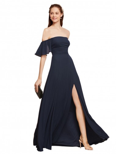 Soft Chiffon Off the Shoulder Sleeveless Dark Navy Long Prom Dress / Bridesmaid Dress Essex