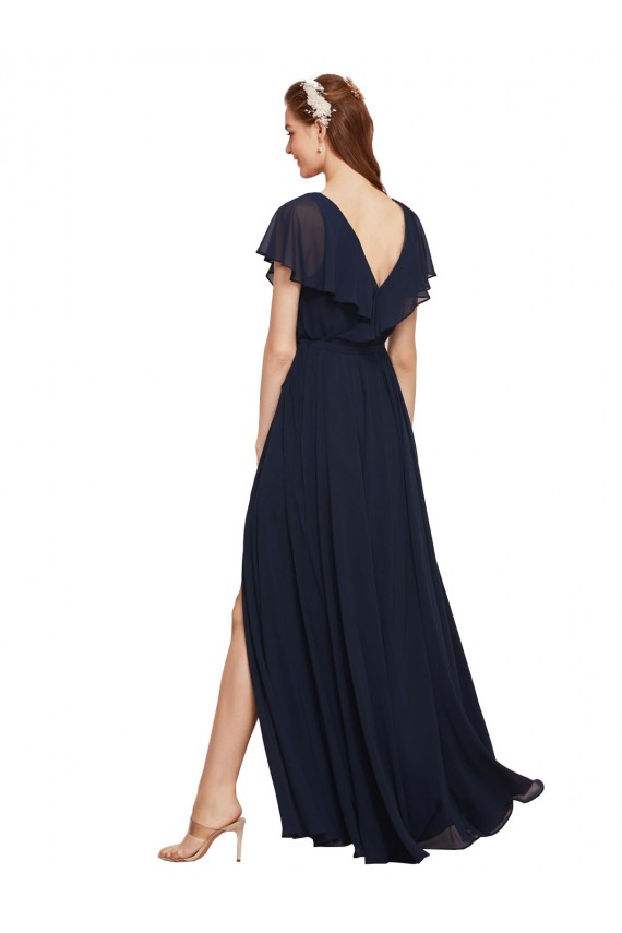 Chiffon V-Neck Cap Sleeves V-Back Dark Navy Long Evening Gowns / Bridesmaid Dresses Essex