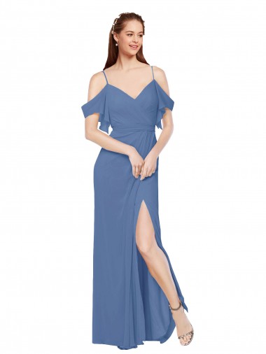Soft Chiffon Off the Shoulder Sleeveless Windsor Blue Long Bridesmaid Dress Essex