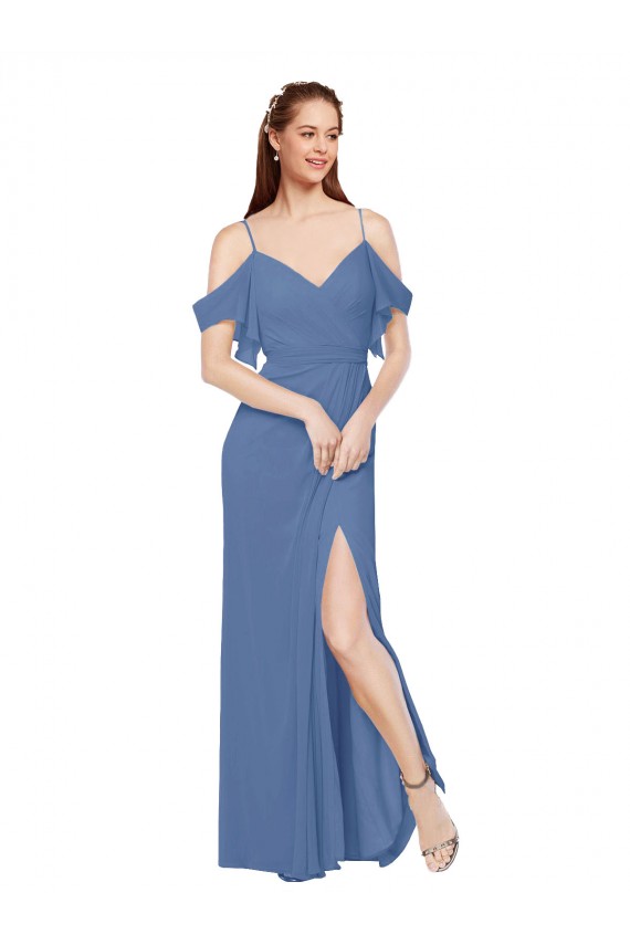 Soft Chiffon Off the Shoulder Sleeveless Windsor Blue Long Bridesmaid Dress Essex
