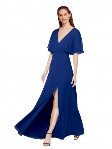 Chiffon V-Neck Flutter Sleeves Open Back Long Bridesmaid Dress / Evening Gowns Essex