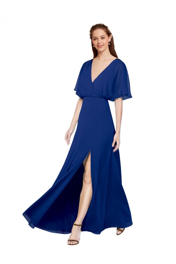 Chiffon V-Neck Flutter Sleeves Open Back Long Bridesmaid Dress / Evening Gowns Essex