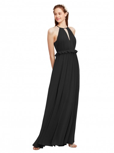 Soft Chiffon Halter Neck Sleeveless Keyhole Back Black Long Bridesmaid Dress Essex