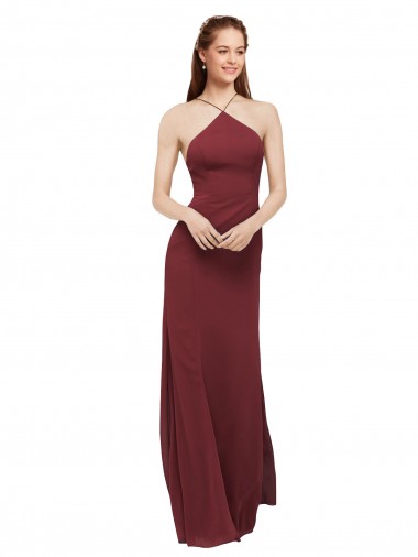 Soft Chiffon Halter Neck Sleeveless Open Back Burgundy Long Formal Dress / Bridesmaid Dress Essex