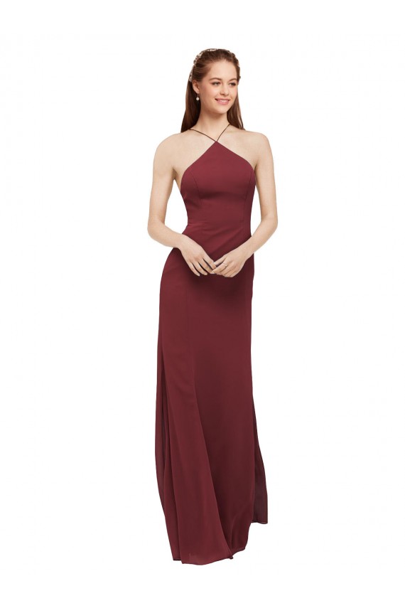 Soft Chiffon Halter Neck Sleeveless Open Back Burgundy Long Formal Dress / Bridesmaid Dress Essex