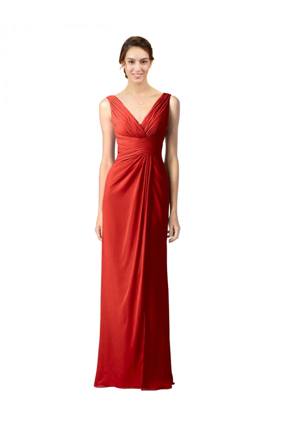 Soft Chiffon V-Neck Sleeveless V-Back Red Long Bridesmaid Dress Essex