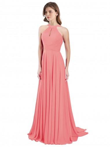 Chiffon Halter Neck Sleeveless Open Back Watermelon Long Bridesmaid Dress / Evening Dress Essex