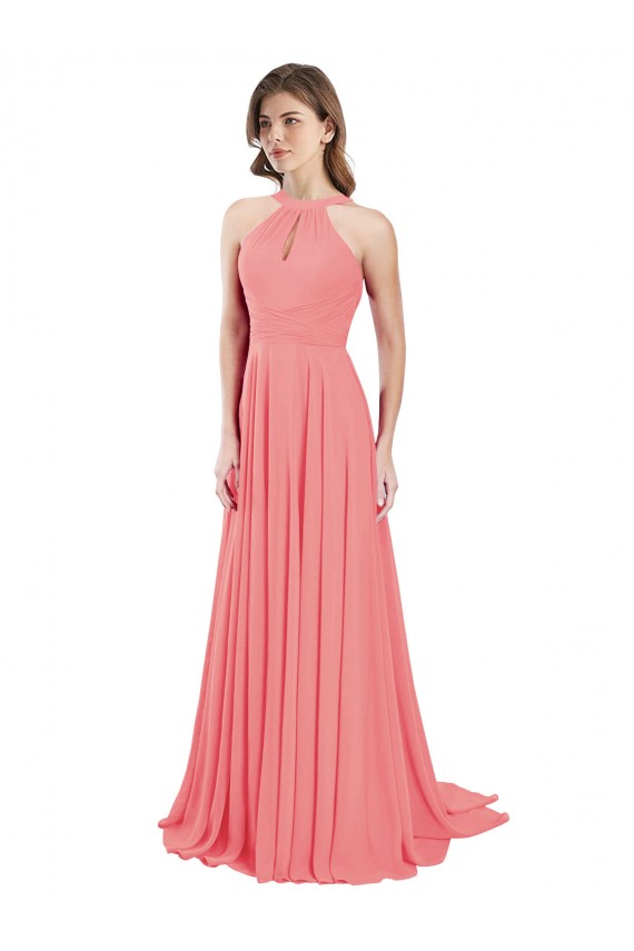 Chiffon Halter Neck Sleeveless Open Back Watermelon Long Bridesmaid Dress / Evening Dress Essex