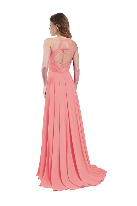 Chiffon Halter Neck Sleeveless Open Back Watermelon Long Bridesmaid Dress / Evening Dress Essex