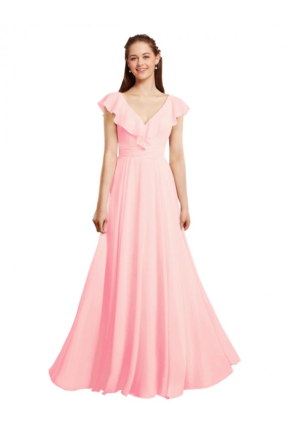 Chiffon V-Neck Cap Sleeves V-Back Long Bridesmaid Dress / Evening Gowns Essex