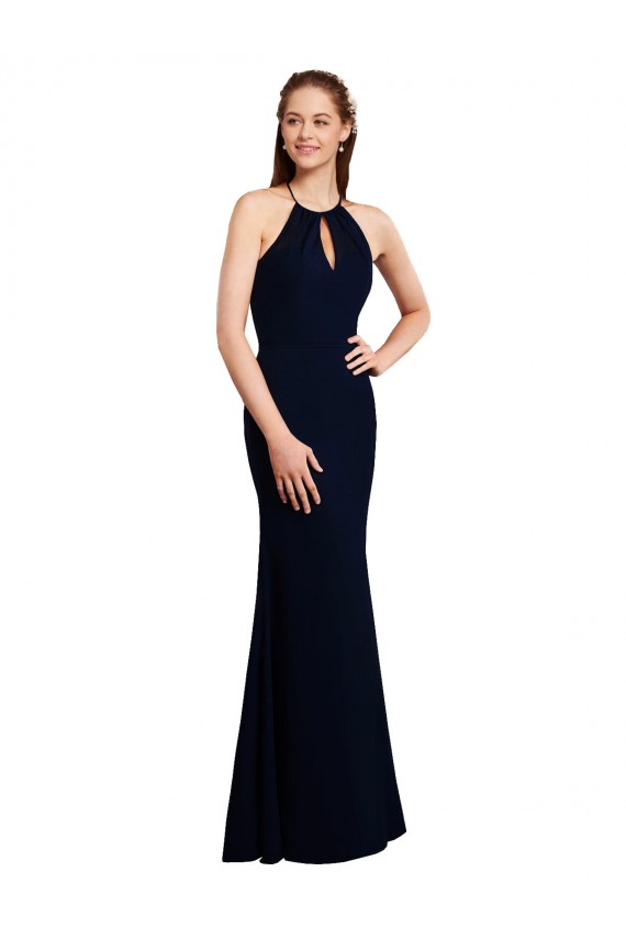 Soft Chiffon Halter Neck Sleeveless Open Back Dark Navy Long Bridesmaid Dress Essex