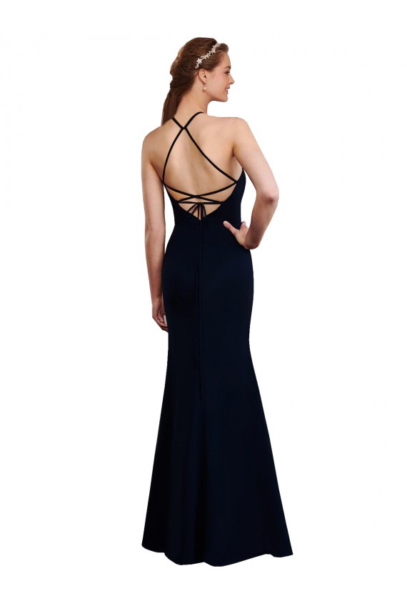Soft Chiffon Halter Neck Sleeveless Open Back Dark Navy Long Bridesmaid Dress Essex