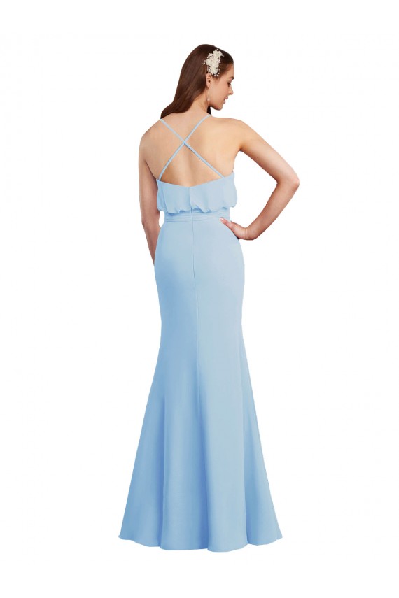 Soft Chiffon Spaghetti Straps Sleeveless Open Back Light Sky Blue Long Bridesmaid Dress Essex