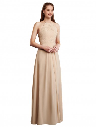 Soft Chiffon Halter Neck Sleeveless Low Back Champagne Long Bridesmaid Dress Essex