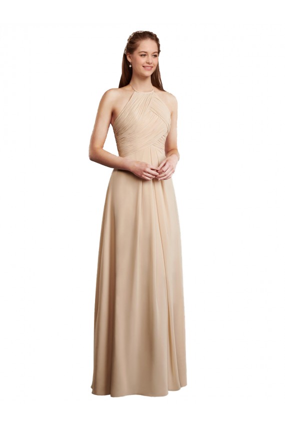 Soft Chiffon Halter Neck Sleeveless Low Back Champagne Long Bridesmaid Dress Essex
