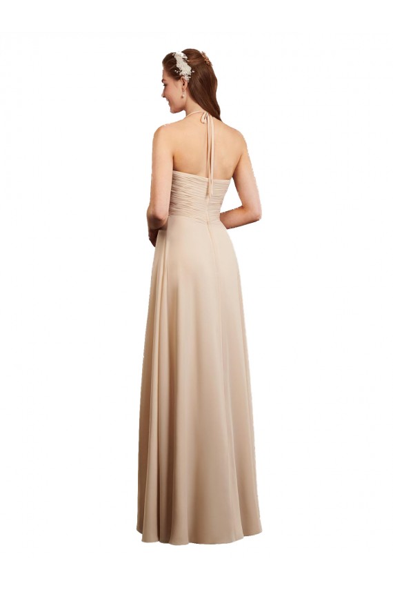 Soft Chiffon Halter Neck Sleeveless Low Back Champagne Long Bridesmaid Dress Essex