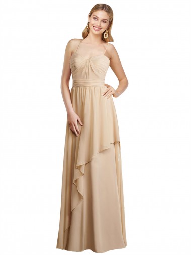 Soft Chiffon Spaghetti Straps Sleeveless Open Back Champagne Long Bridesmaid Dress Essex