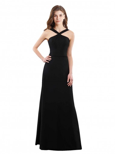 Soft Chiffon Halter Neck Sleeveless Open Back Black Long Bridesmaid Dress Essex