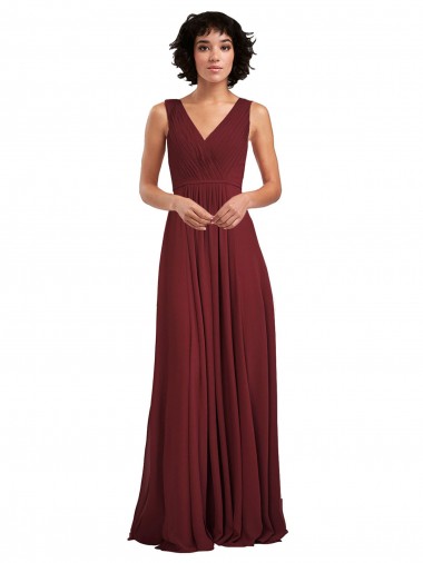 Soft Chiffon V-Neck Sleeveless V-Back Burgundy Long Bridesmaid Dress Essex